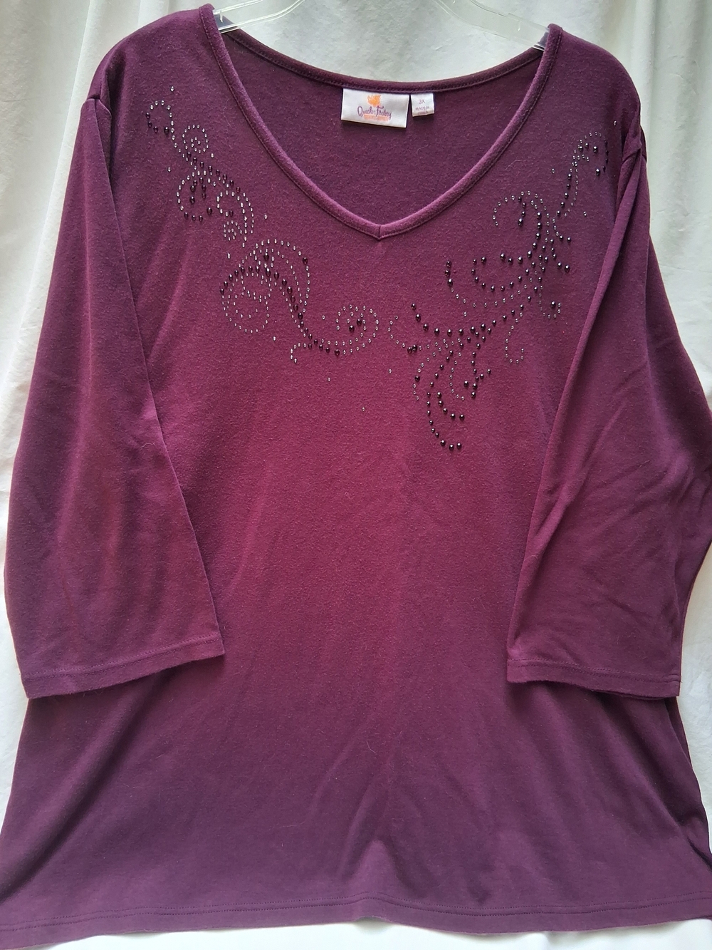 Quacker Factory Plum Rhinestone Scroll V-Neck Long Sleeve Top